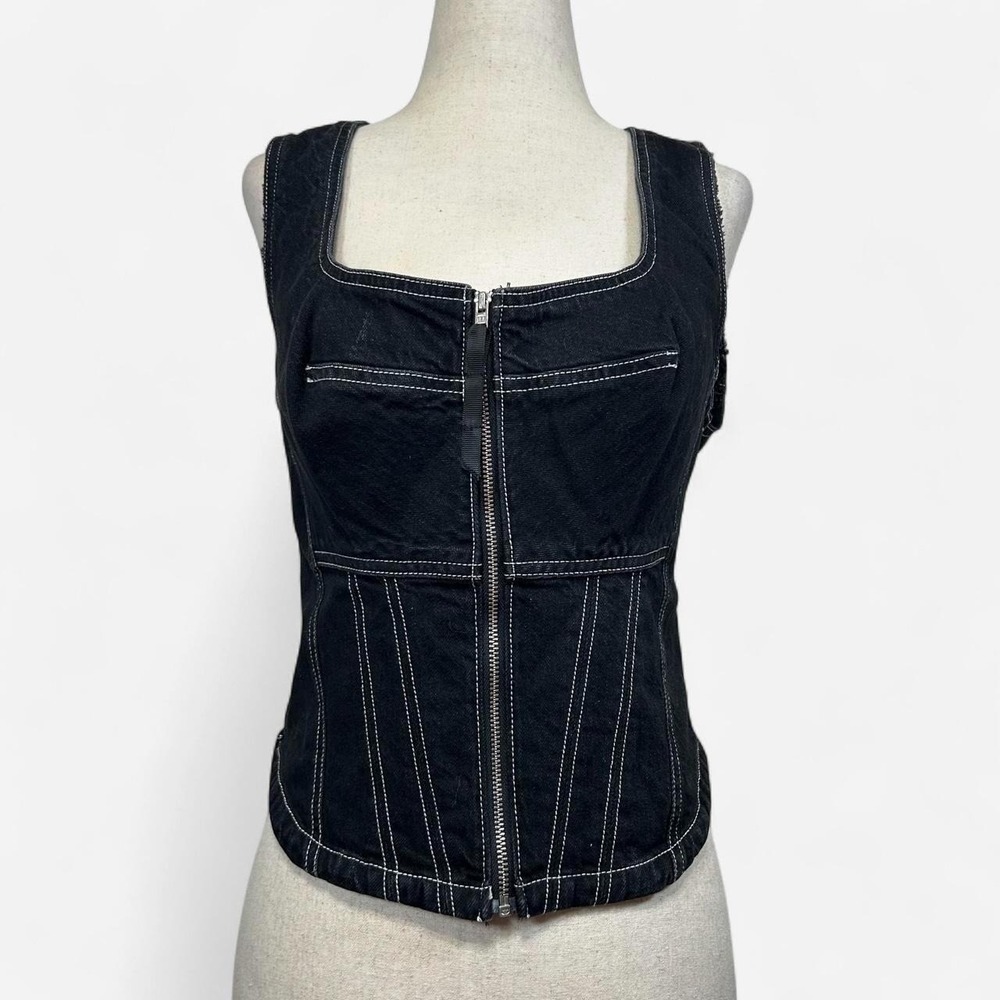 PILCRO Women's Contrast Stitch Frayed Hem Zip Up Denim Vest Fits S/M